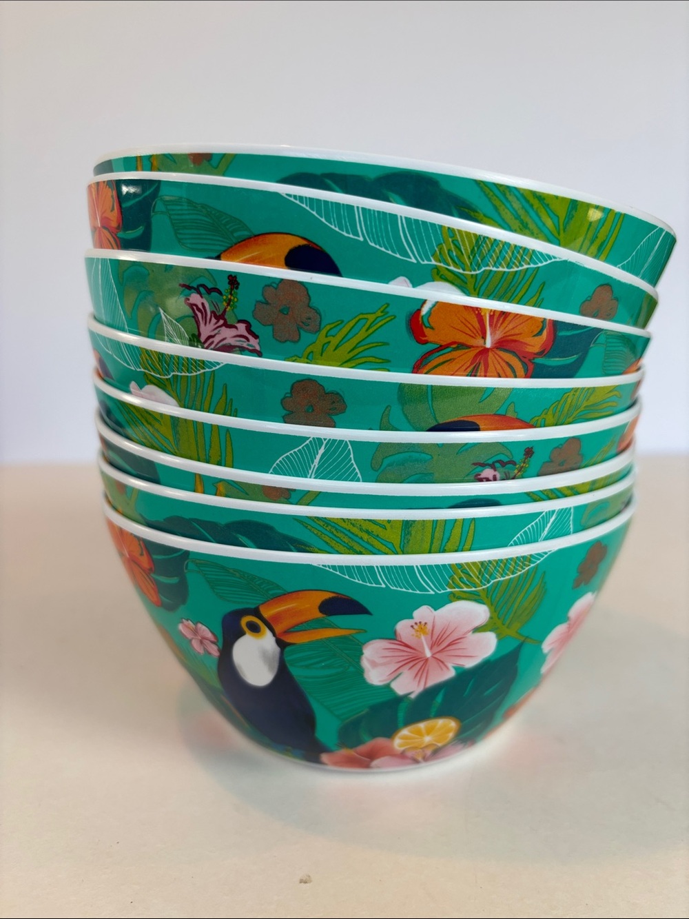Havana Tropical Bird Melamine Bowls Set of 8 Toucan Parrot Floral
